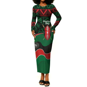 Kenya Jamhuri Day Long Sleeve Bodycon Dress Maasai Shield Spears Harambee