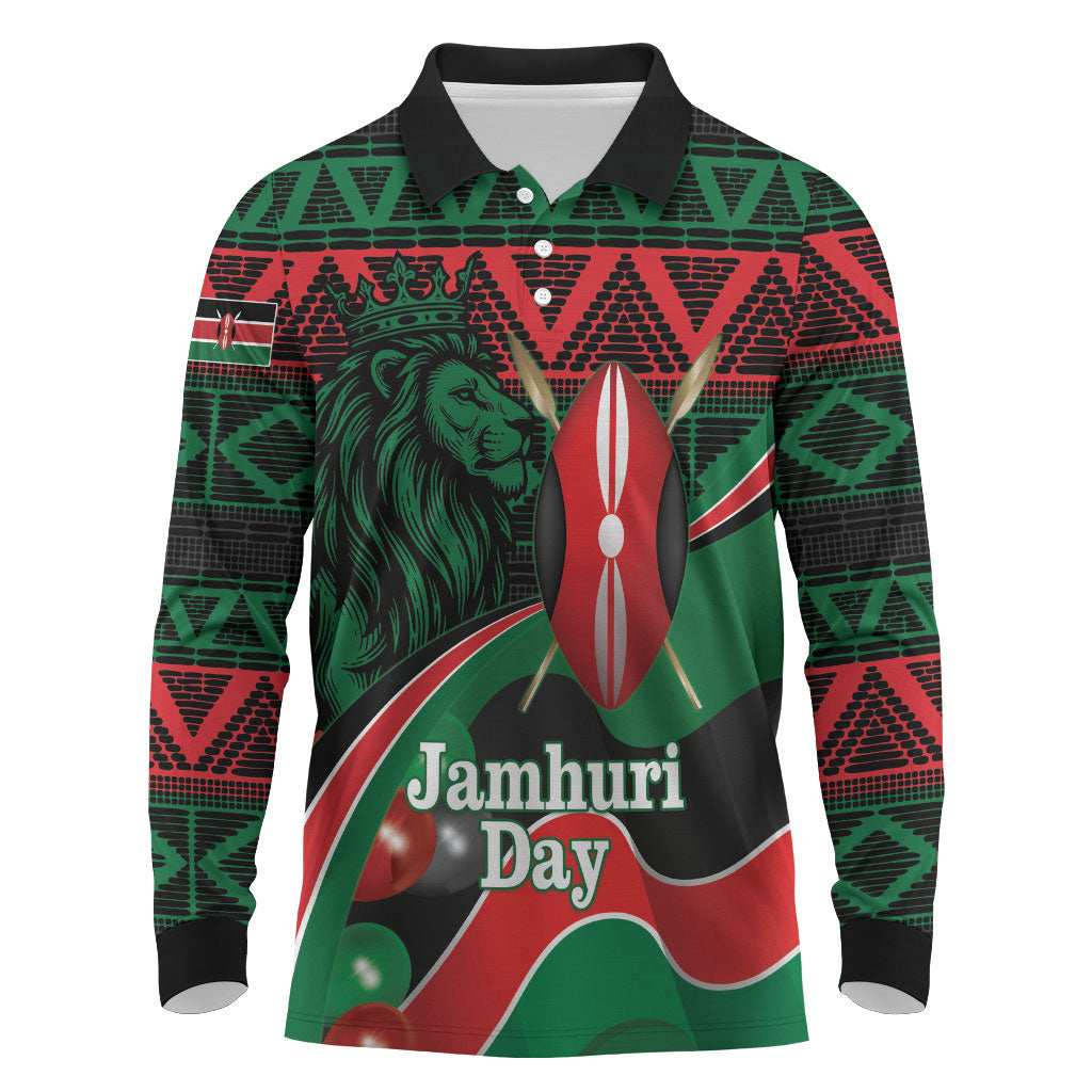 Kenya Jamhuri Day Long Sleeve Polo Shirt Maasai Shield Spears Harambee