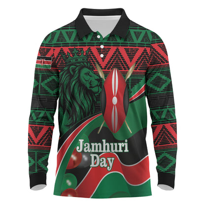 Kenya Jamhuri Day Long Sleeve Polo Shirt Maasai Shield Spears Harambee