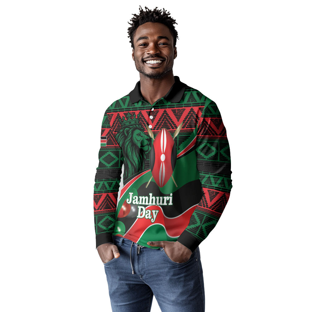 Kenya Jamhuri Day Long Sleeve Polo Shirt Maasai Shield Spears Harambee
