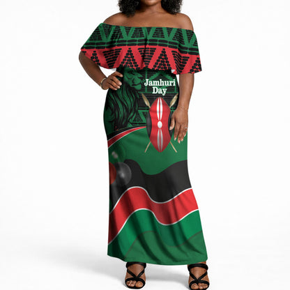 Kenya Jamhuri Day Off Shoulder Maxi Dress Maasai Shield Spears Harambee