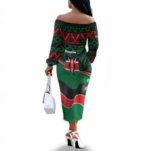 Kenya Jamhuri Day Off The Shoulder Long Sleeve Dress Maasai Shield Spears Harambee