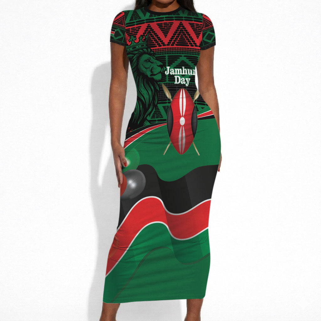 Kenya Jamhuri Day Short Sleeve Bodycon Dress Maasai Shield Spears Harambee