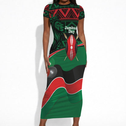 Kenya Jamhuri Day Short Sleeve Bodycon Dress Maasai Shield Spears Harambee