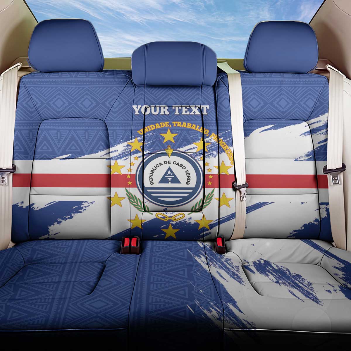 Personalized Cape Verde Back Car Seat Cover Coat Of Arms - African Pattern