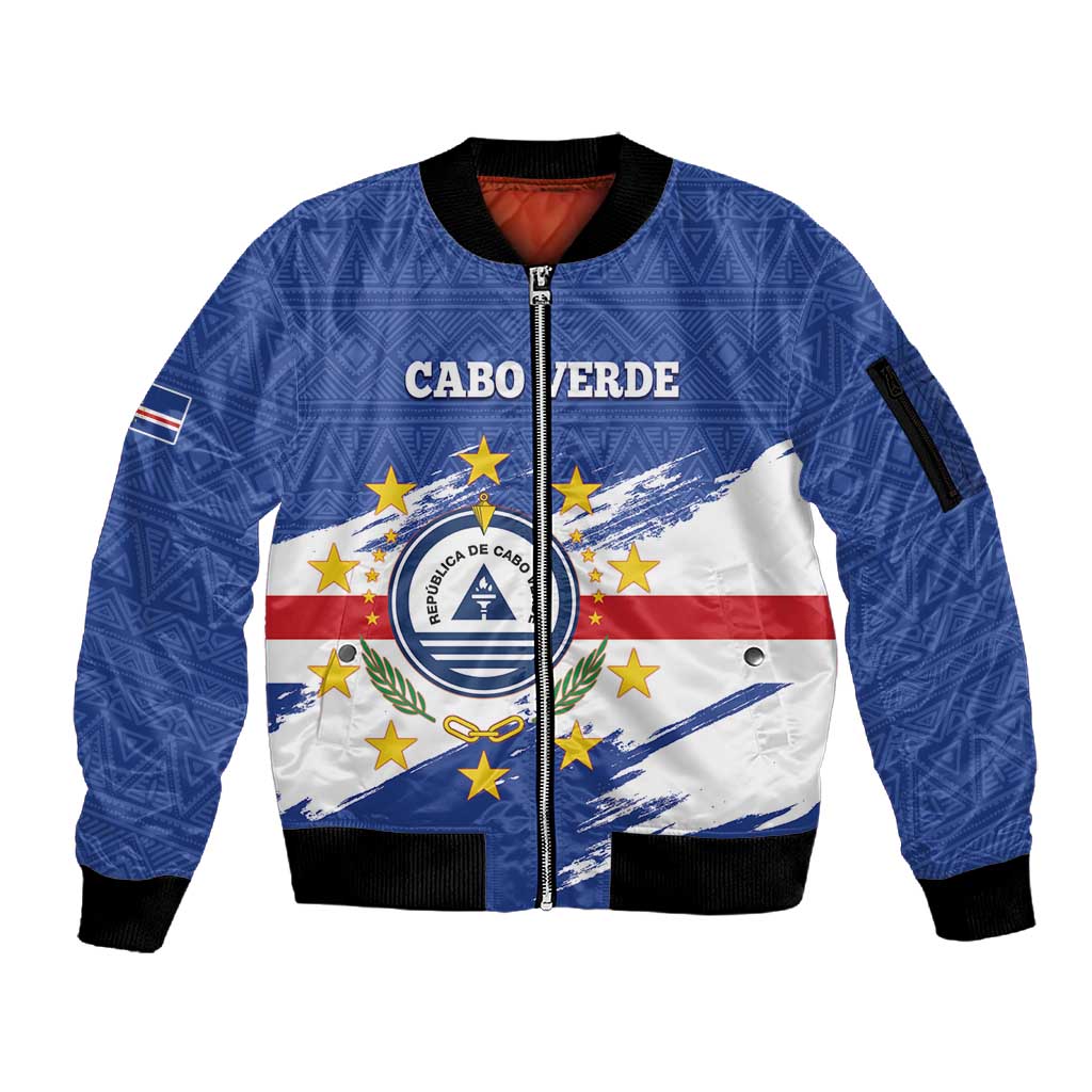 Personalized Cape Verde Sleeve Zip Bomber Jacket Coat Of Arms - African Pattern