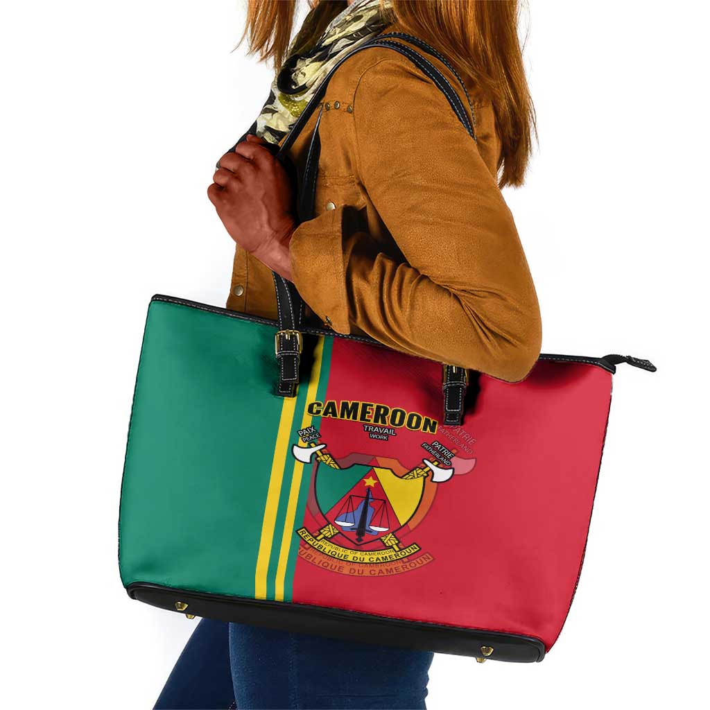 Cameroon Happy Unity Day Cameroun Coat Of Arms Leather Tote Bag