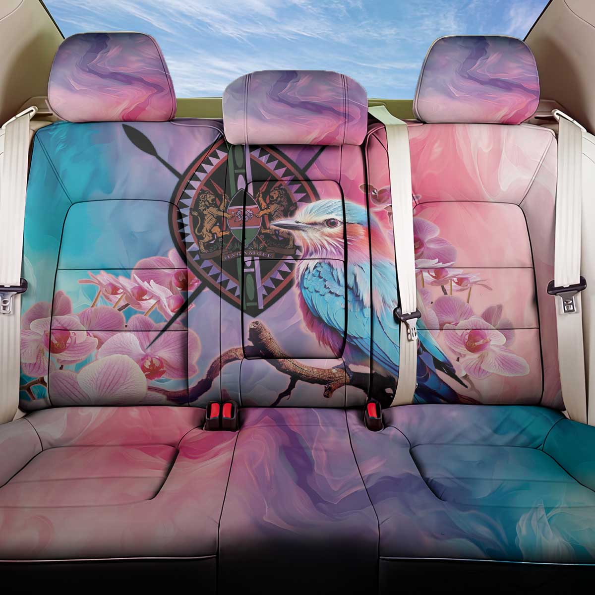 Kenya Lilac-Breasted Roller Back Car Seat Cover Coat Of Arms Mix Orchid