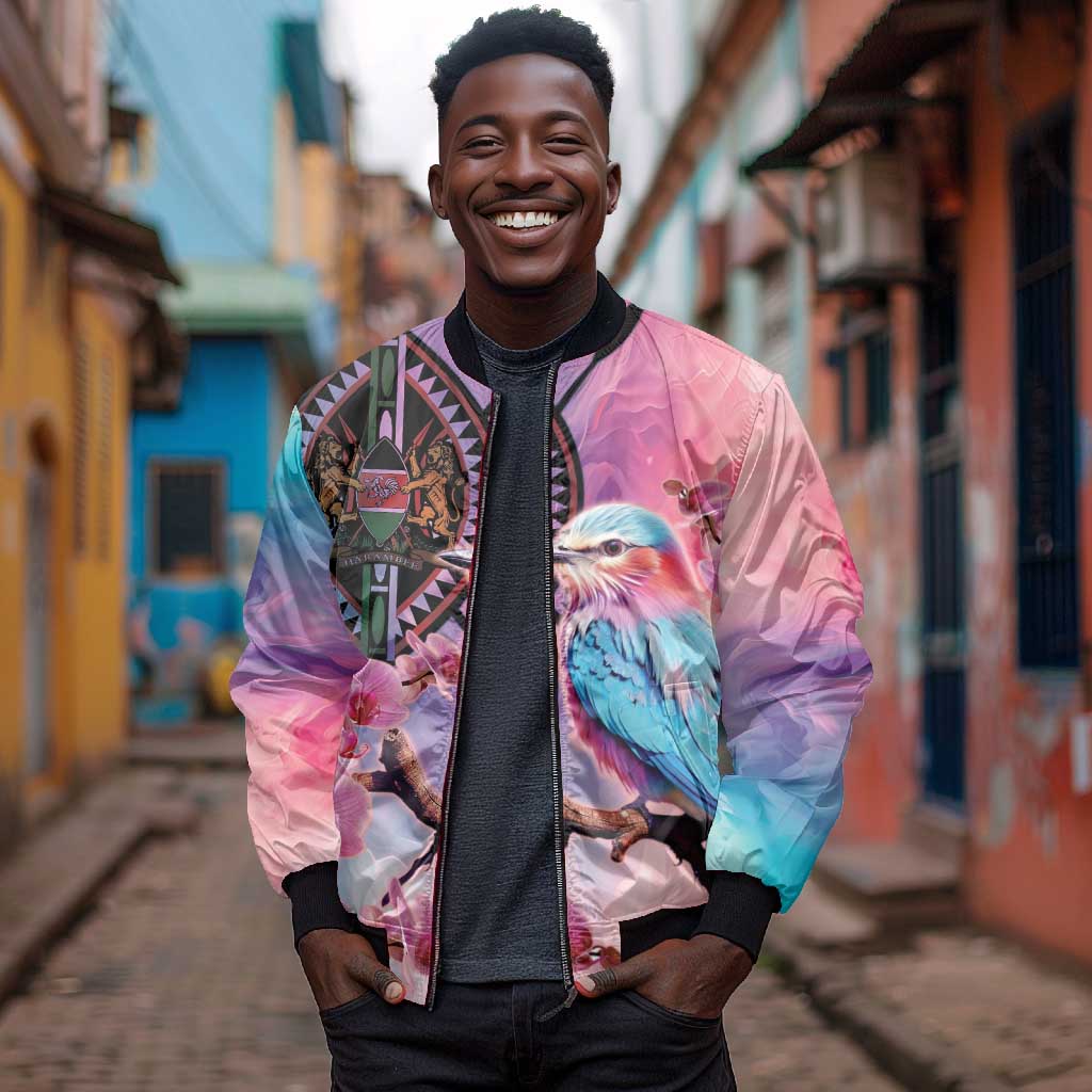 Kenya Lilac-Breasted Roller Bomber Jacket Coat Of Arms Mix Orchid