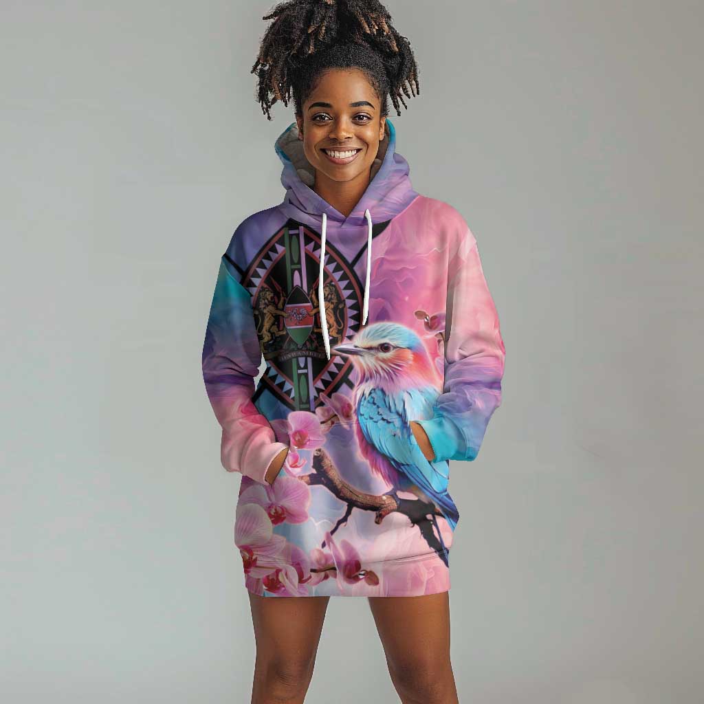 Kenya Lilac-Breasted Roller Hoodie Dress Coat Of Arms Mix Orchid