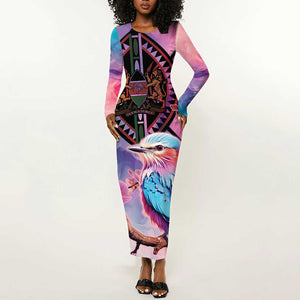 Kenya Lilac-Breasted Roller Long Sleeve Bodycon Dress Coat Of Arms Mix Orchid