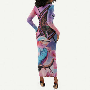 Kenya Lilac-Breasted Roller Long Sleeve Bodycon Dress Coat Of Arms Mix Orchid