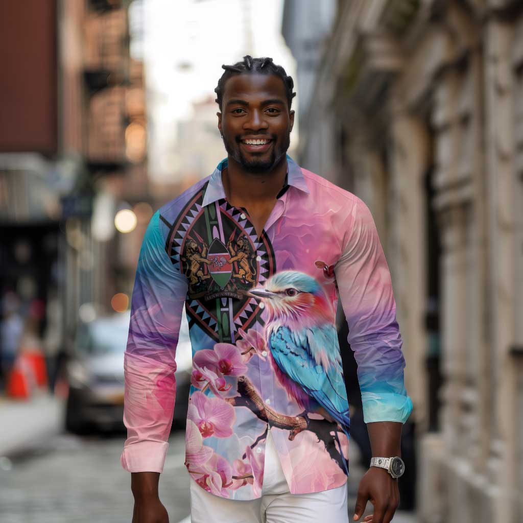 Kenya Lilac-Breasted Roller Long Sleeve Button Shirt Coat Of Arms Mix Orchid