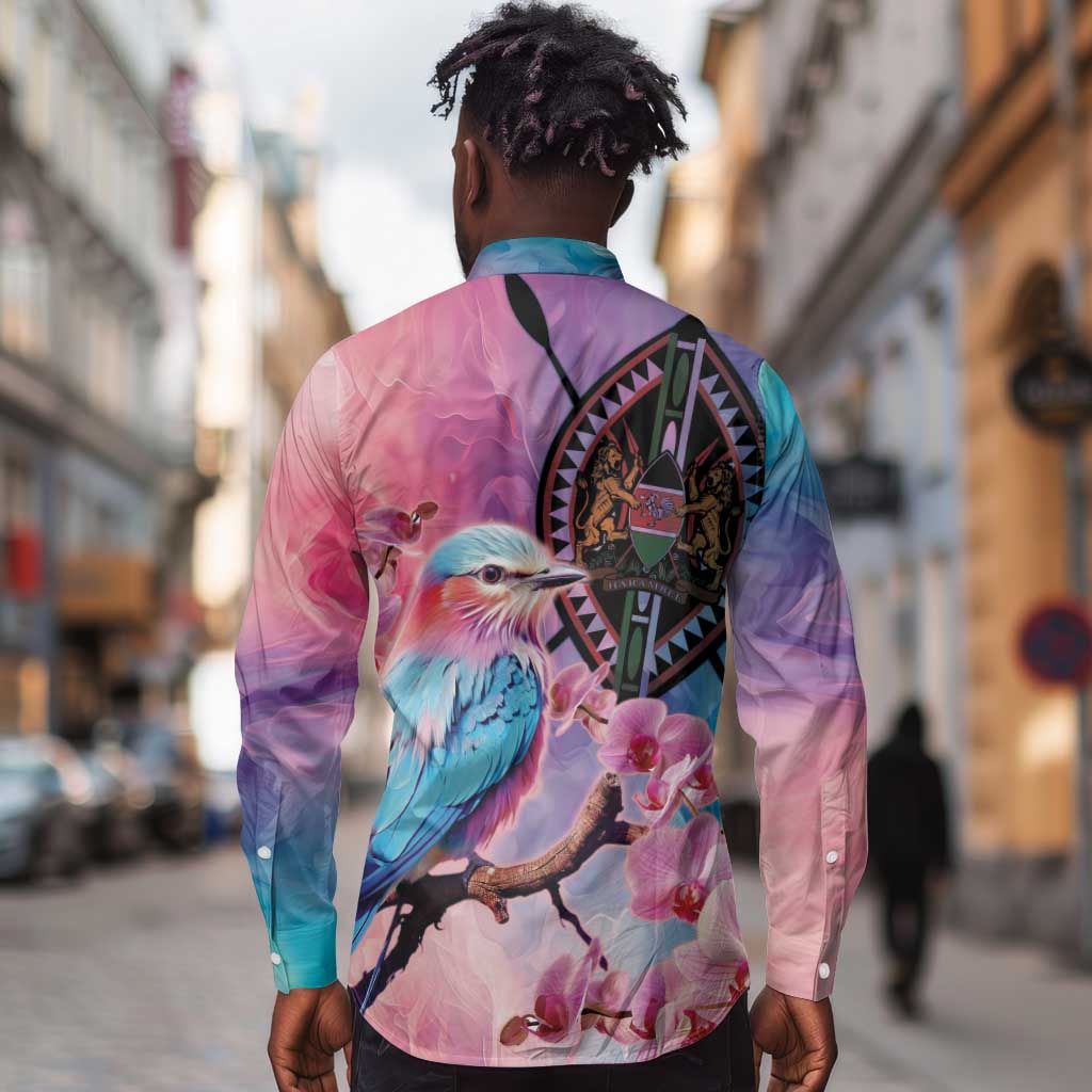 Kenya Lilac-Breasted Roller Long Sleeve Button Shirt Coat Of Arms Mix Orchid