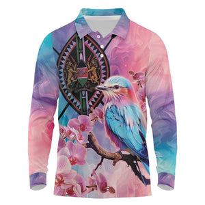 Kenya Lilac-Breasted Roller Long Sleeve Polo Shirt Coat Of Arms Mix Orchid