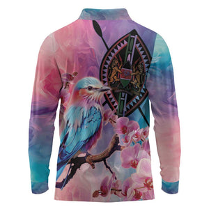 Kenya Lilac-Breasted Roller Long Sleeve Polo Shirt Coat Of Arms Mix Orchid