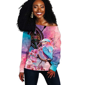 Kenya Lilac-Breasted Roller Off Shoulder Sweater Coat Of Arms Mix Orchid