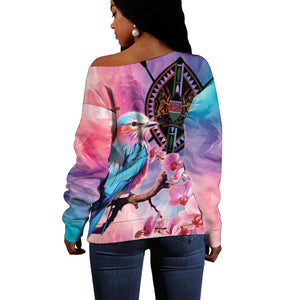 Kenya Lilac-Breasted Roller Off Shoulder Sweater Coat Of Arms Mix Orchid