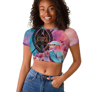 Kenya Lilac-Breasted Roller Raglan Cropped T shirt Coat Of Arms Mix Orchid