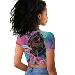 Kenya Lilac-Breasted Roller Raglan Cropped T shirt Coat Of Arms Mix Orchid