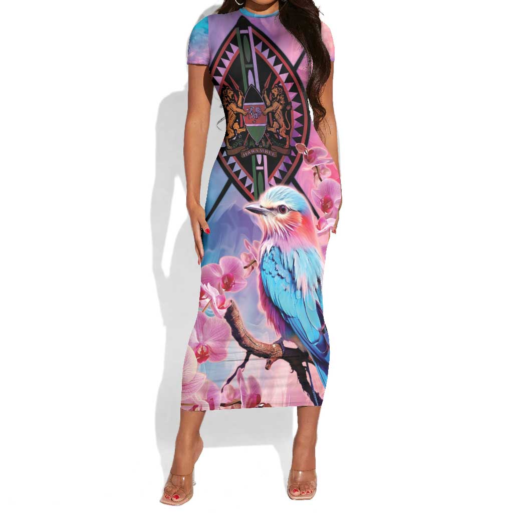 Kenya Lilac-Breasted Roller Short Sleeve Bodycon Dress Coat Of Arms Mix Orchid LT14