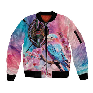 Kenya Lilac-Breasted Roller Sleeve Zip Bomber Jacket Coat Of Arms Mix Orchid