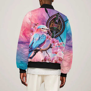 Kenya Lilac-Breasted Roller Sleeve Zip Bomber Jacket Coat Of Arms Mix Orchid