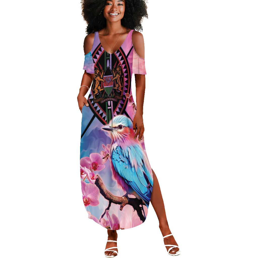 Kenya Lilac-Breasted Roller Summer Maxi Dress Coat Of Arms Mix Orchid