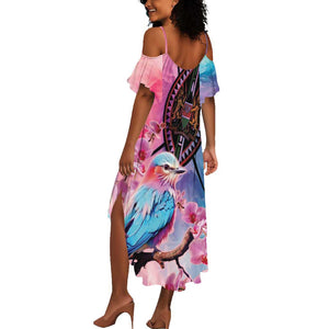 Kenya Lilac-Breasted Roller Summer Maxi Dress Coat Of Arms Mix Orchid