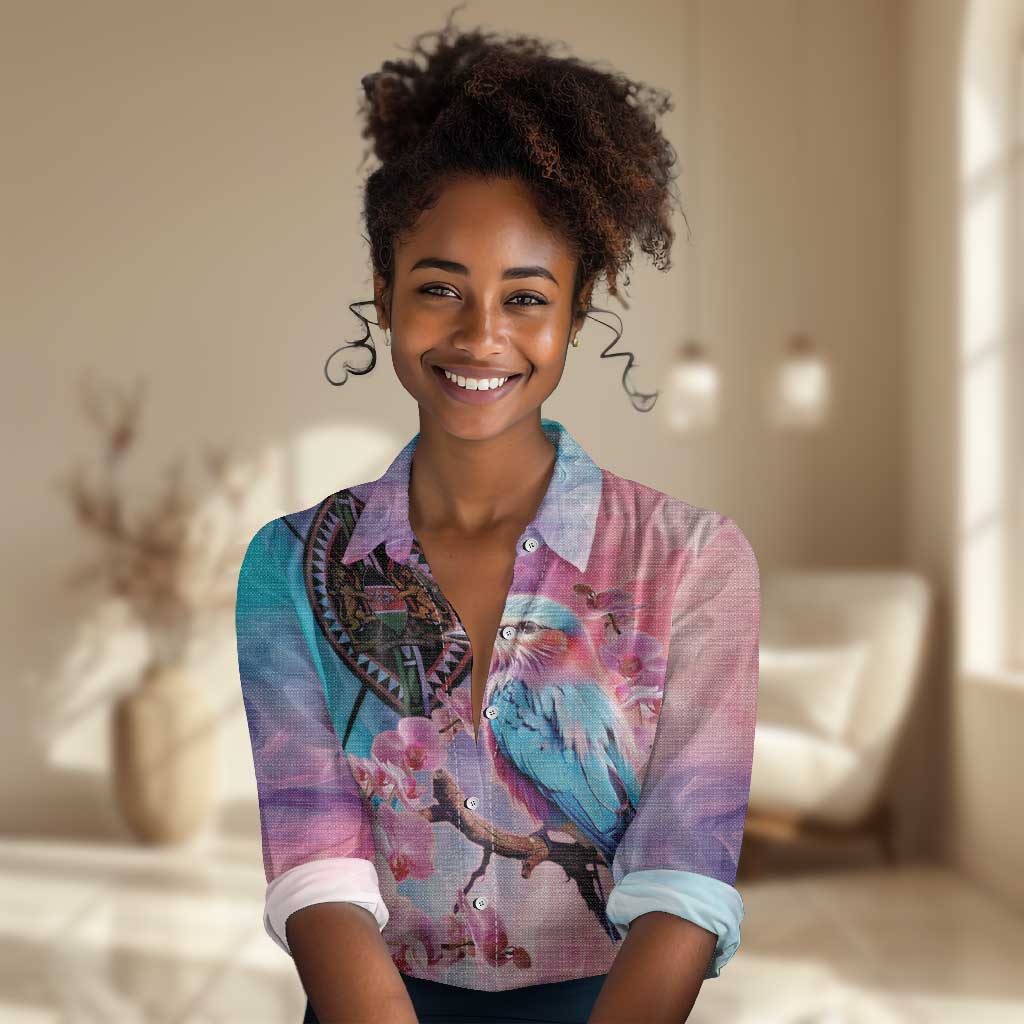 Kenya Lilac-Breasted Roller Women Casual Shirt Coat Of Arms Mix Orchid