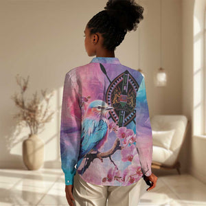 Kenya Lilac-Breasted Roller Women Casual Shirt Coat Of Arms Mix Orchid