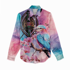 Kenya Lilac-Breasted Roller Women Casual Shirt Coat Of Arms Mix Orchid