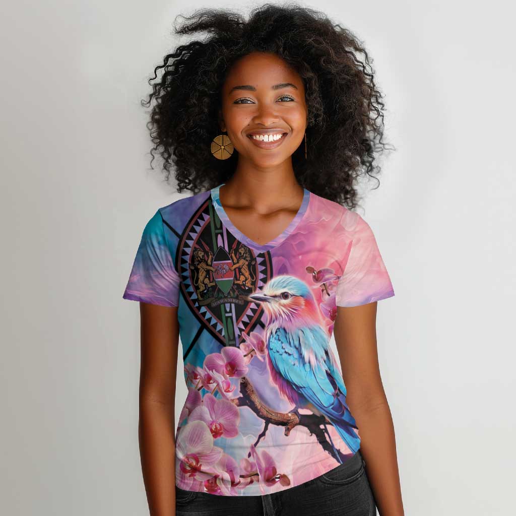 Kenya Lilac-Breasted Roller Women V-Neck T-Shirt Coat Of Arms Mix Orchid