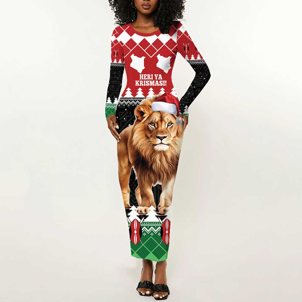 Personalized Kenya Christmas Long Sleeve Bodycon Dress Lion Santa - Heri Ya Krismasi! LT14