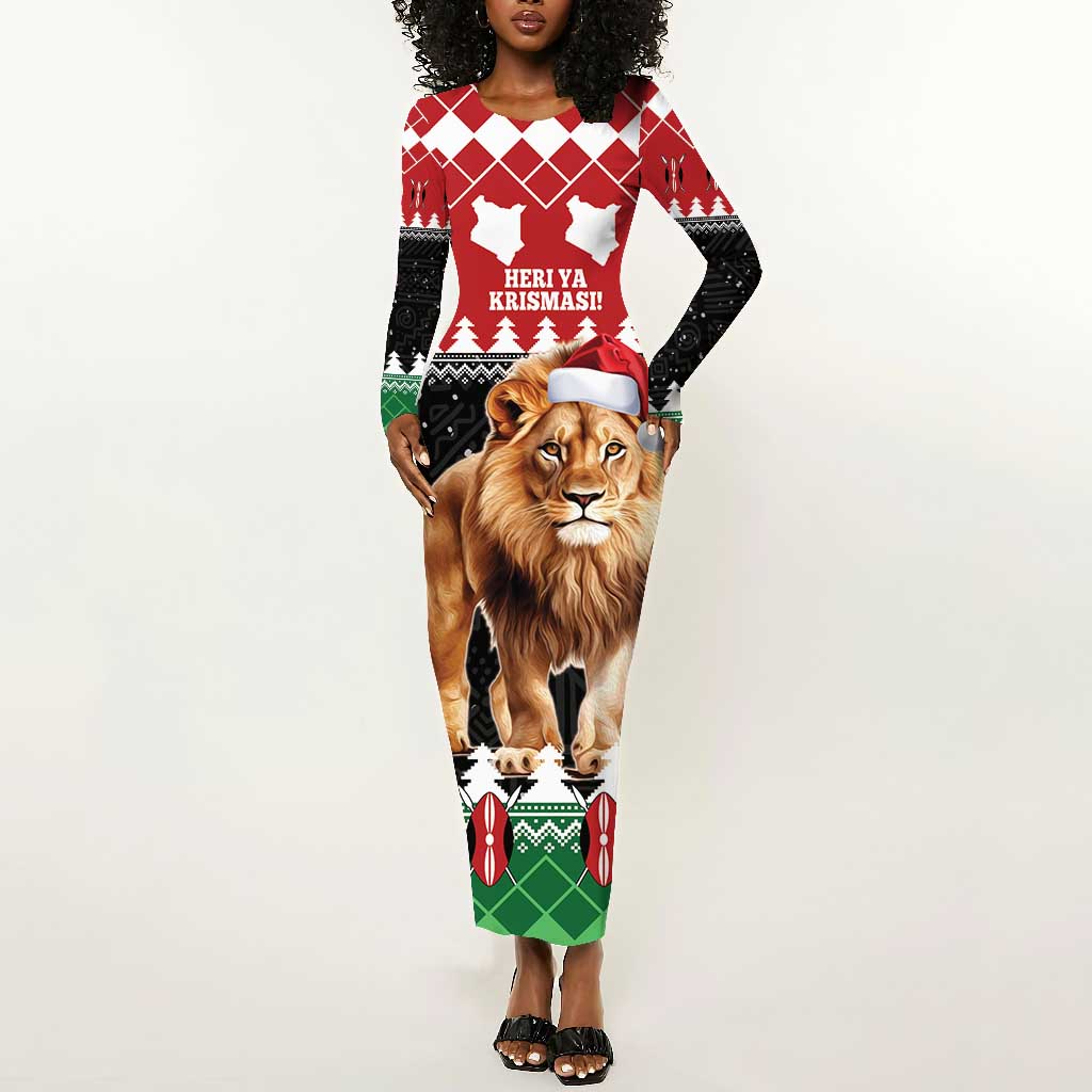 Personalized Kenya Christmas Long Sleeve Bodycon Dress Lion Santa - Heri Ya Krismasi!