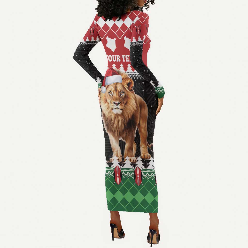 Personalized Kenya Christmas Long Sleeve Bodycon Dress Lion Santa - Heri Ya Krismasi! LT14