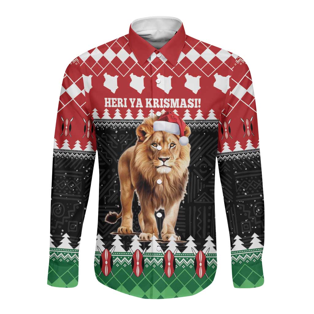 Personalized Kenya Christmas Long Sleeve Button Shirt Lion Santa - Heri Ya Krismasi!