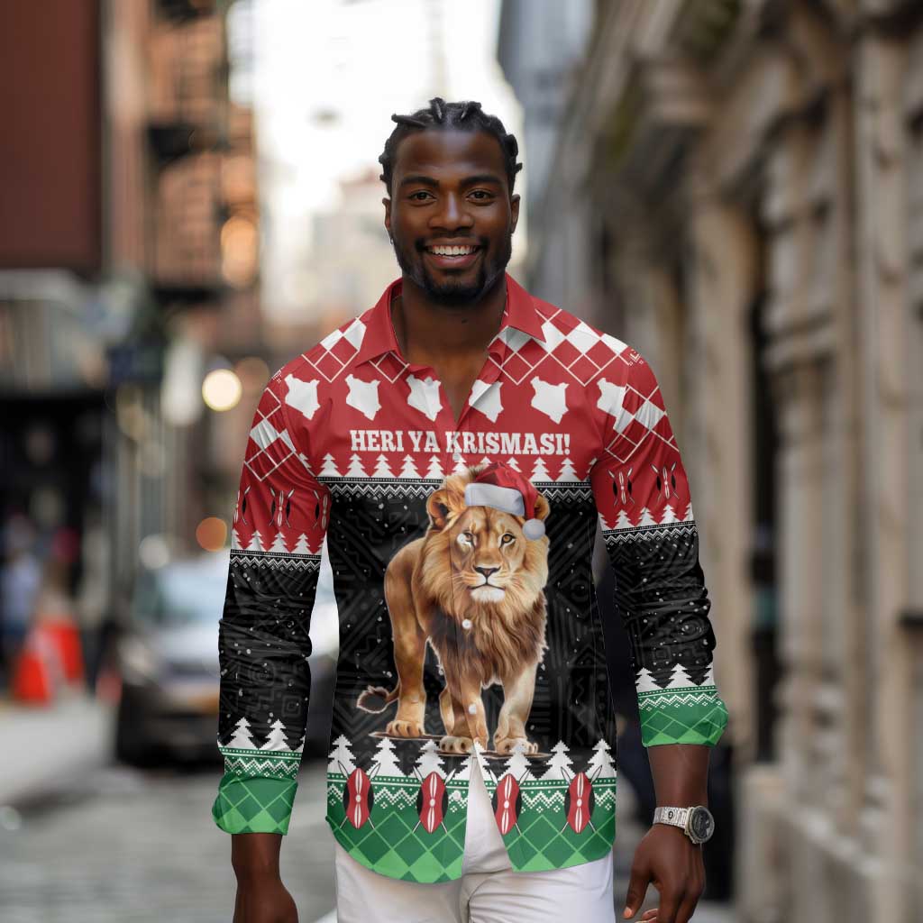 Personalized Kenya Christmas Long Sleeve Button Shirt Lion Santa - Heri Ya Krismasi!