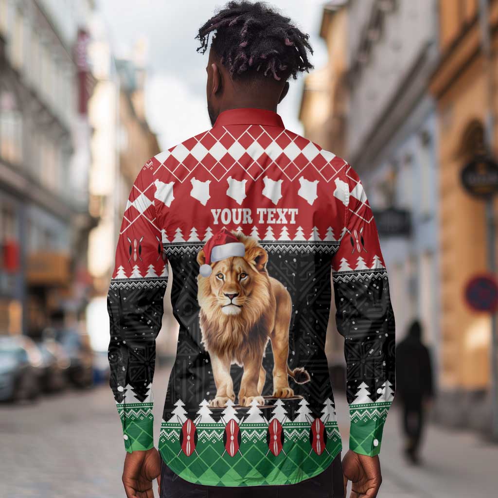 Personalized Kenya Christmas Long Sleeve Button Shirt Lion Santa - Heri Ya Krismasi!