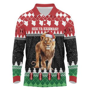 Personalized Kenya Christmas Long Sleeve Polo Shirt Lion Santa - Heri Ya Krismasi!