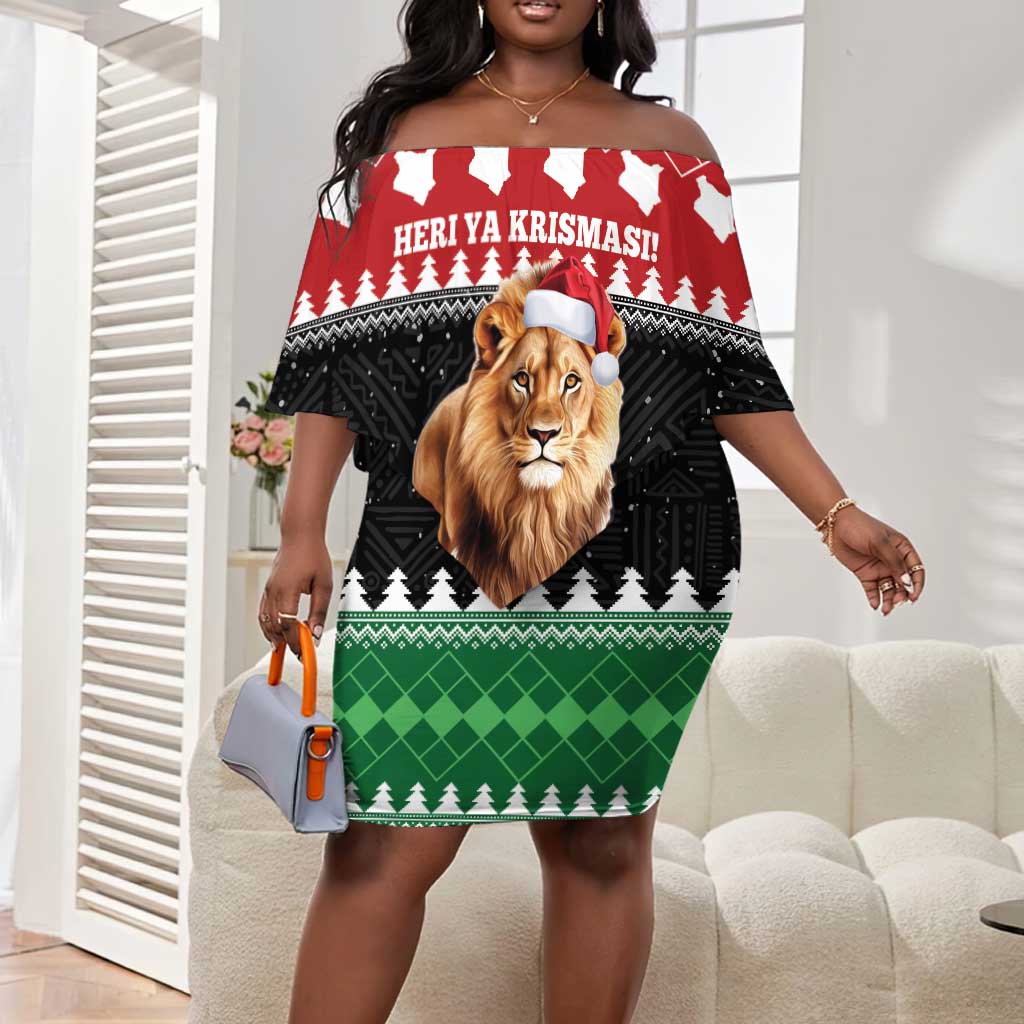 Personalized Kenya Christmas Off Shoulder Short Dress Lion Santa - Heri Ya Krismasi!