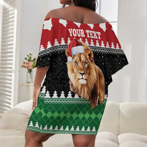 Personalized Kenya Christmas Off Shoulder Short Dress Lion Santa - Heri Ya Krismasi!