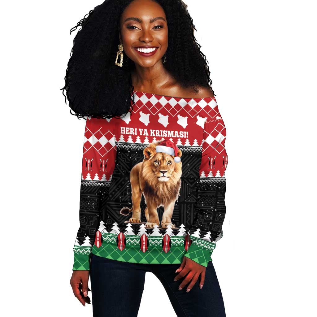 Personalized Kenya Christmas Off Shoulder Sweater Lion Santa - Heri Ya Krismasi!