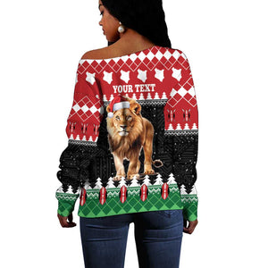 Personalized Kenya Christmas Off Shoulder Sweater Lion Santa - Heri Ya Krismasi!