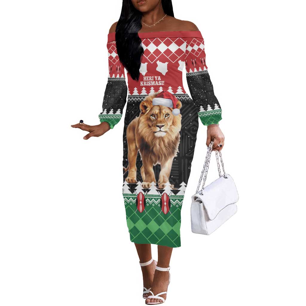 Personalized Kenya Christmas Off The Shoulder Long Sleeve Dress Lion Santa - Heri Ya Krismasi!