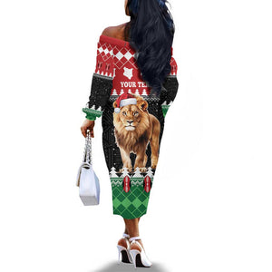 Personalized Kenya Christmas Off The Shoulder Long Sleeve Dress Lion Santa - Heri Ya Krismasi!