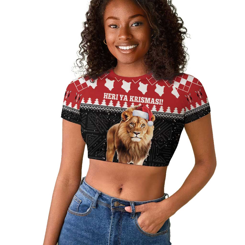 Personalized Kenya Christmas Raglan Cropped T shirt Lion Santa - Heri Ya Krismasi!