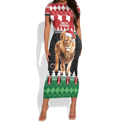 Personalized Kenya Christmas Short Sleeve Bodycon Dress Lion Santa - Heri Ya Krismasi! LT14