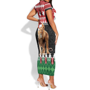 Personalized Kenya Christmas Short Sleeve Bodycon Dress Lion Santa - Heri Ya Krismasi!