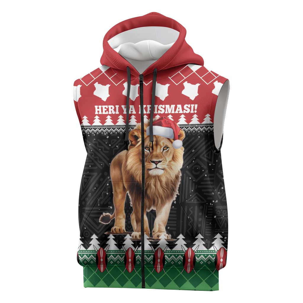 Personalized Kenya Christmas Sleeveless Zip Hoodie Lion Santa - Heri Ya Krismasi! - African Pride